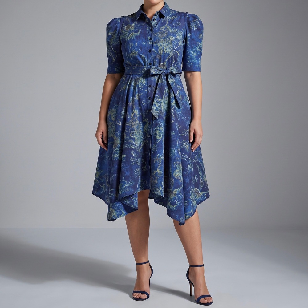 Gary Graham 422 Amanda Midi Shirt Dress NEW Indigo Floral Pockets Cotton size XL